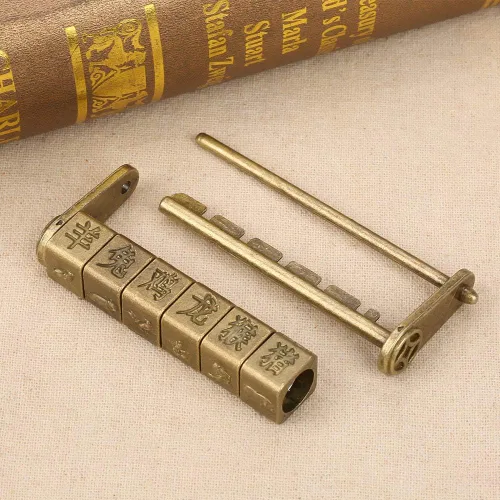 Vista 6 de Candado de combinación, bloqueo de código, cerradura de contraseña antigua, vintage, exquisitos personajes chinos, candado del zodiaco