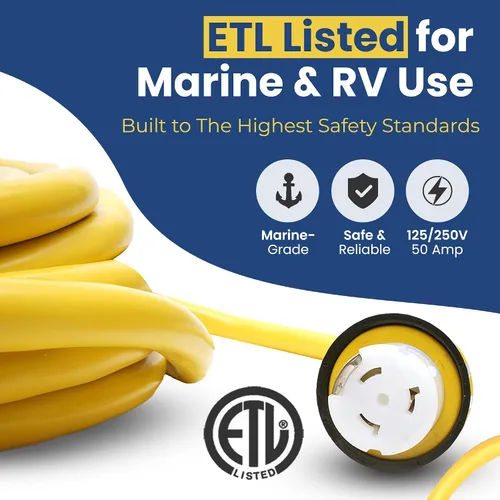 Vista 2 de Cables marinos y RV de 125/250 V, 50 amperios x 25 pies, cable de extensión NEMA resistente con 2 terminales en forma de L con extremos moldeados