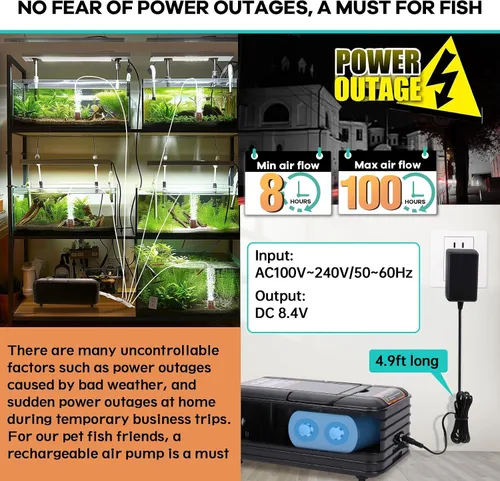 Vista 4 de hygger IPX6 Rechargeable Aquarium Pond Air Pump, Powerful Quiet Tank Air Pump with Hose Air Stone Check Valve Adjustable Flow Diverter Valve for