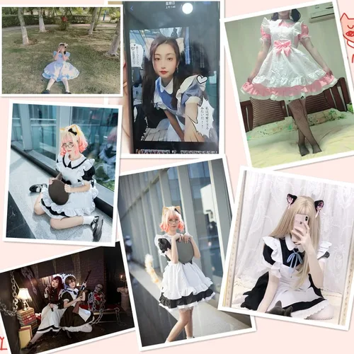 Vista 2 de Wannsee Juego de 6 piezas de delantal de sirvienta francesa de Lolita de anime japonés, para disfraz, cosplay, guantes y calcetines, negro