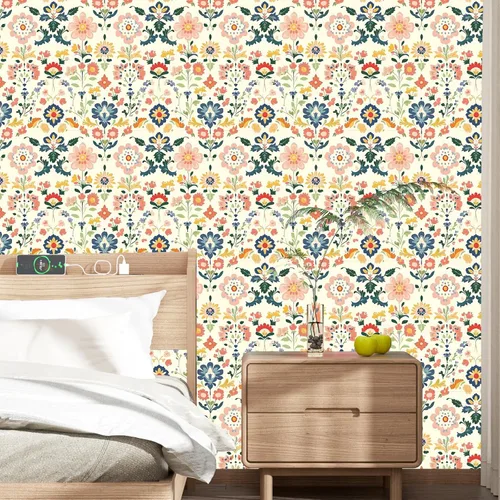 Vista 7 de ILHIIOR Papel tapiz floral rosa para despegar y pegar, papel de contacto con hojas bohemias, flores amarillas, extraíble, autoadhesivo, impermeable