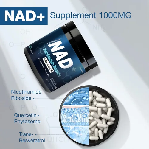 Vista 2 de Suplemento NAD+ de 1000mg - Ribósido de nicotinamida (NR) y resveratrol, NAD liposomal de ingredientes orgánicos puros para mujeres y hombres