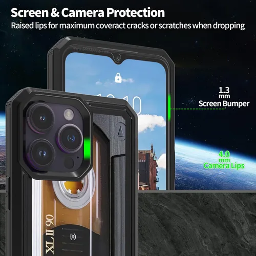 Vista 5 de Rossy Funda para iPhone 14 Pro Max con patrón de cinta de casete de audio para mujeres y hombres, 2 en 1, híbrida de doble capa, resistente, a