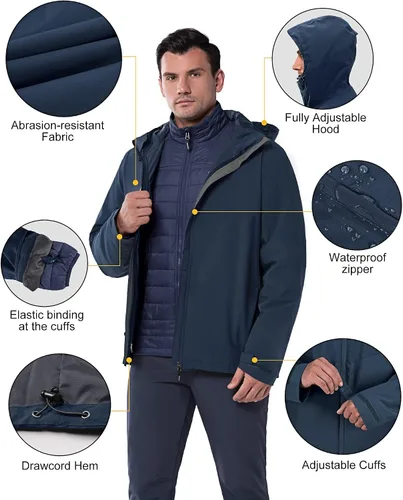 Vista 2 de 33,000ft Chaqueta de esquí impermeable 3 en 1 para hombre, chaqueta de esquí cálida de montaña, chaqueta de lluvia para nieve, abrigo de invierno