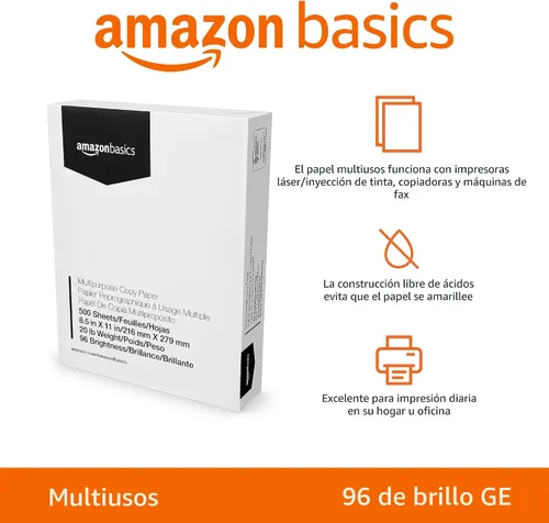 Vista 2 de Amazon Basics - Papel de copia multipropósito para impresora (blanco brillante 96, 8.5 x 11 pulgadas, 1 resma (500 hojas)