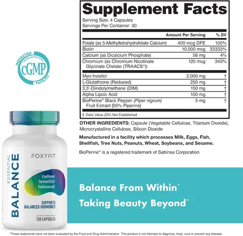 Vista 5 de Foxy Fit - Suplemento vitamínico y hormonal Essential Balance para mujeres – Antioxidante, piel y cabello saludables para uso diario* (30 porciones)