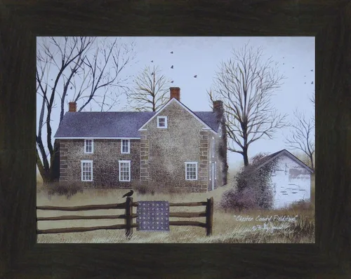 Vista 2 de Chester County Fieldstone por Billy Jacobs 15x19 Casa de piedra Paisaje País Primitivo Folk Art Print Decoración de pared Cuadro enmarcado