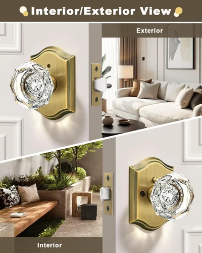 Vista 3 de Gobrico Juego de pomos de puerta de vidrio transparente para interiores, cerradura de puerta de cristal de diamante de privacidad en latón antiguo