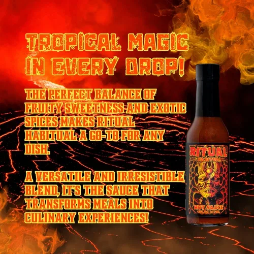Vista 3 de Hellfire Hot Sauce Ritual Habitual - Salsa picante gourmet a base de frutas con sabores tropicales y curry, 5 onzas