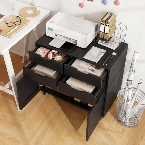 Vista 7 de Archivador negro con 4 cajones y 2 puertas Organizador de almacenamiento móvil para debajo del escritorio, soporte de impresora de madera sobre