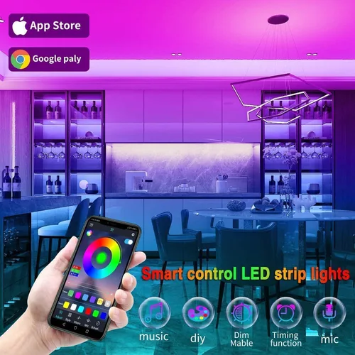 Vista 4 de Tenmiro - Tira de luces LED de 50 pies, tira de luces LED inteligente con sincronización de música, cambio de color, control de aplicación y control
