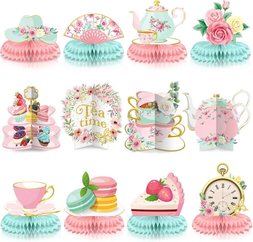 Vista 8 de 12 piezas de decoración de fiesta de té, tetera floral, centros de mesa de panal de abeja, decoración de mesa de fiesta de té para princesa