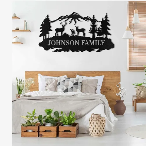 Vista 3 de Letrero de metal personalizado, letrero de metal personalizado con nombre de familia, letrero de metal de ciervo del bosque para el día de la madre