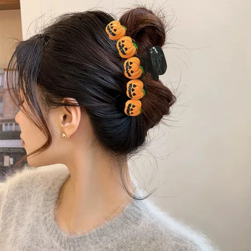 Vista 7 de Pinzas para el pelo de calabaza de Halloween, bonito diseño para cabello grueso, accesorios antideslizantes para mujeres y niñas