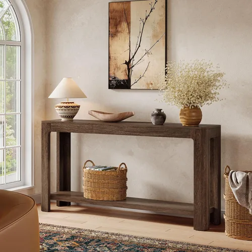 Vista 3 de Tribesigns - Mesa de consola de entrada de 63 pulgadas, mesa de sofá de 2 niveles estilo granja estrecha detrás del sofá, mueble de consola