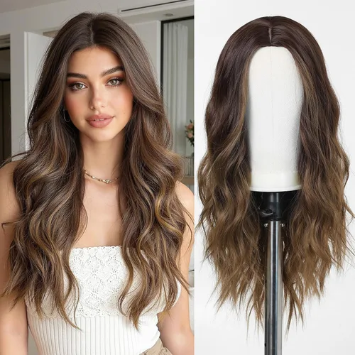 Vista 24 de Esmee Pelucas largas de color castaño rojizo ombré para mujer, peluca de cabello sintético ondulado y rizado natural para uso diario, fiestas