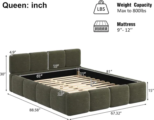 Vista 2 de Harper & Bright Designs Boucle - Base de cama de plataforma, tamaño Queen, plataforma estilo bloque, cama tapizada con conexión a tierra