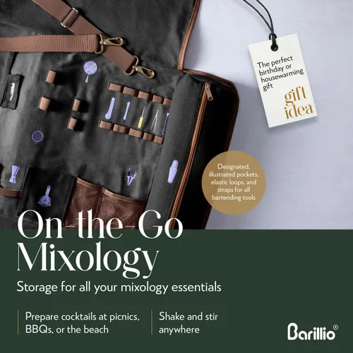 Vista 3 de Barillio Bolsa de Kit de Barman con Juego de Coctelera Negra – Lona Encerada, Bolsa de Herramientas de Bar de Viaje con Kit de Cóctel de 17 Piezas