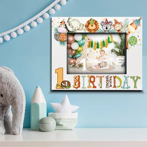 Vista 2 de BELLA BUSTA - Marco de fotos de primer cumpleaños, tema de cumpleaños de animales de safari, primer año del pequeño, marco de fotos con impresión UV