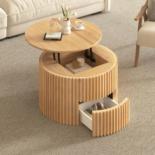 Vista 12 de Mesa auxiliar elevable con almacenamiento, moderna mesa central de 42 pulgadas con tres paneles de almacenamiento ocultos y estriados, elevación