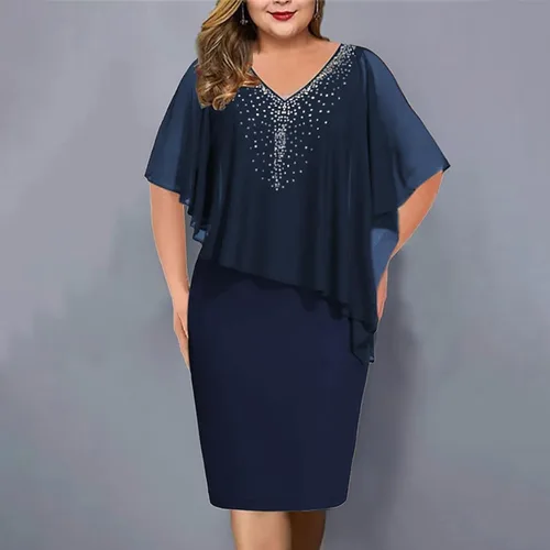 Vista 2 de Vestido de capa para mujer, talla grande, con cuello en V y diamantes de imitación, superposición de gasa, vestido de tubo bodycon para boda, cóctel