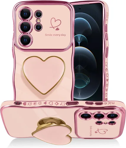 Vista 15 de Funda para Samsung Galaxy S23 Love-Heart Holder Case Cute Black Luxury Wave Frame forma rizada con corazón de amor, cubierta protectora de TPU suave