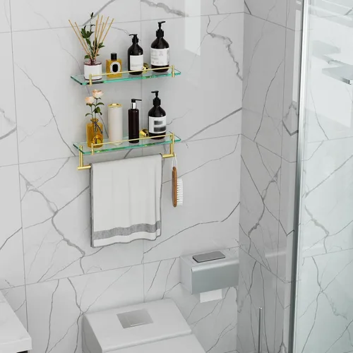 Vista 6 de Toallero con estante de 16 pulgadas, estante de baño con barra de toalla de vidrio templado, dorado cepillado moderno, acero inoxidable a prueba