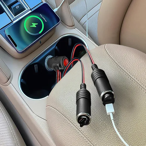 Vista 8 de Herfair Divisor de encendedor de cigarrillos para automóvil, adaptador de encendedor de cigarrillos de 2 enchufes, cable de extensión, puerto