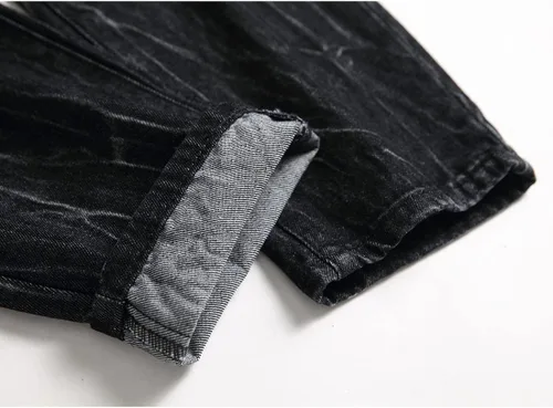 Vista 8 de Pantalones rajados para hombre, de mezclilla, ajuste regular, pierna acampanada, de corte entallado, con agujeros, pantalones de hombre de mezclilla
