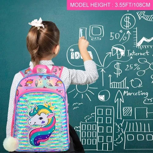 Vista 6 de 3 mochilas infantiles para niñas, 16 pulgadas, preescolar y lonchera - Unicorniosirenaflamenco