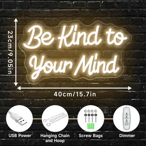 Vista 2 de Letrero de neón "Be Kind to Your Mind" luces de neón regulables LED para decoración de pared, palabras de aliento de neón USB, letreros de neón BKTM