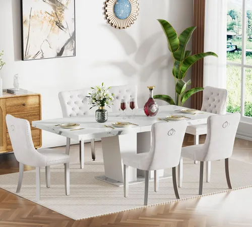Vista 32 de Henf Juego de mesa de comedor extensible de 78 pulgadas para 6 mesas rectangulares de madera de 7 piezas con 6 sillas tapizadas de terciopelo, mesa