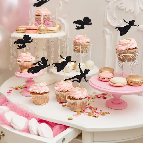 Vista 4 de Gyufise Paquete de 24 adornos para cupcakes con purpurina negra que nunca crecen para cupcakes en P Pan para baby shower Never Grow Up