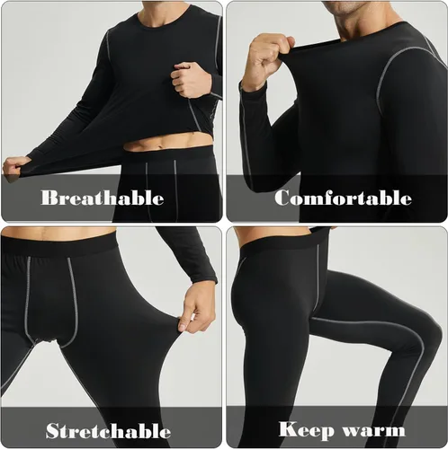 Vista 5 de LANBAOSI Conjunto de ropa interior térmica para hombre, conjunto de pantalones largos con forro polar, capa base cálida, trajes de compresión