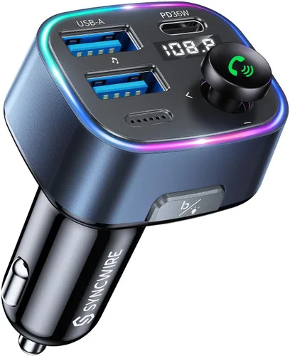Vista 9 de Syncwire Bluetooth 5.4 Transmisor FM Adaptador de coche 48W (PD 36W y 12W) [Interruptor de luz] [Sonido de bajo HiFi] [Carga rápida] Adaptador