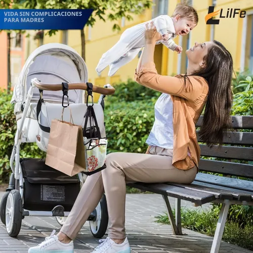 Vista 6 de 2 ganchos negros para cochecito de bebé para colgar Correas multiusos para cochecito con clips duraderos y elegantes para bolsas de pañales El