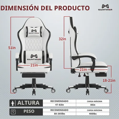Vista 3 de Gamtimer Silla Gaming con Reposapiés, Silla Ergonómica para Computadora, Material Transpirable de PU con Reposacabezas y Soporte Lumbar, Adecuada