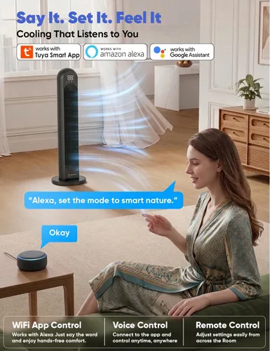 Vista 5 de EcoNour - Ventilador de torre inteligente con control WiFi y Alexa, ventilador personal de 42 pulgadas, oscilación de 120°, potente flujo de aire