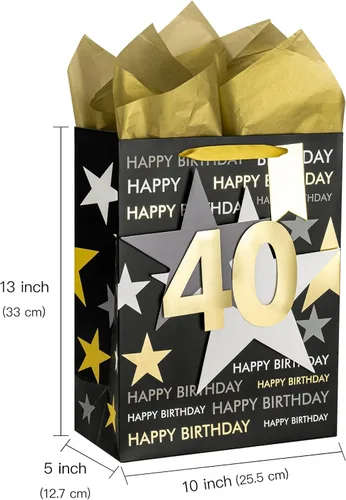 Vista 5 de Loveinside Bolsa de regalo de cumpleaños con papel de seda y tarjeta de felicitación para cumpleaños 40 – 10 x 5 x 13 pulgadas, 1 unidad, oro negro