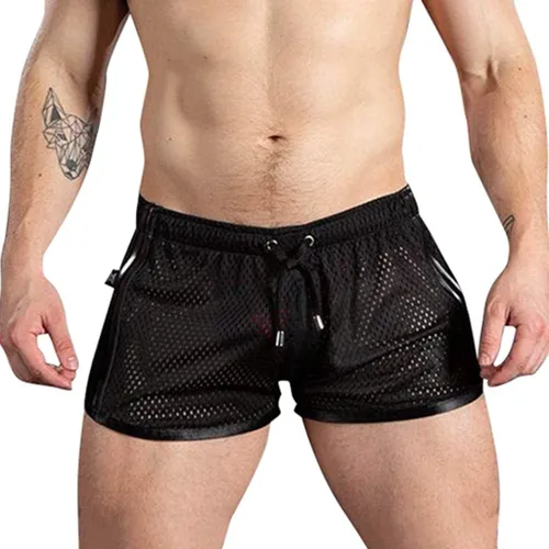 Vista 3 de WENKOMG1 Pantalones cortos gay de malla para hombre, transparentes, de secado rápido, con rayas laterales, sexy, ligeros, de 3 pulgadas, pantalones