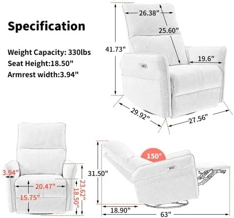 Vista 9 de Silla reclinable giratoria de 270 °, sofá reclinable eléctrico con carga Gris claro