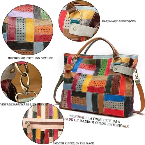 Vista 4 de Bolso de mano de cuero genuino para mujer multicolor con retazos huecos bolsos de mano