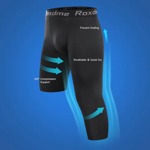Vista 4 de Roxdme 2 Pack Men's 34 One Leg Compression Capri Tights Pants Basketball Athletic Running