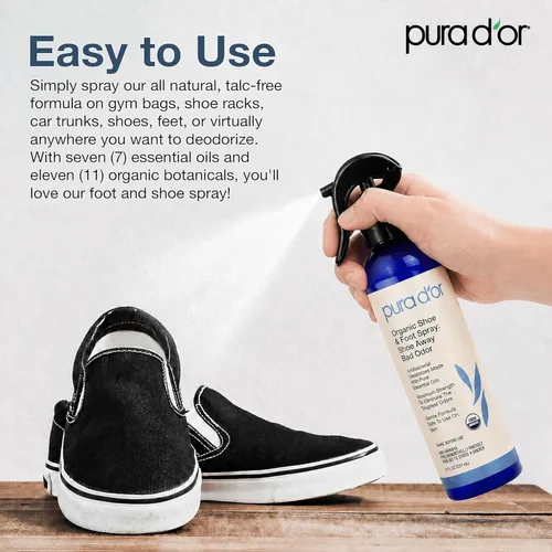 Vista 3 de PURA D'OR Spray orgánico eliminador de olores para zapatos y pies (8 onzas) desodoriza y elimina los malos olores con eucalipto, menta, árbol de té