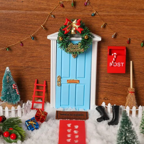 Vista 5 de Hungdao - 20 piezas de decoración en miniatura de madera para puerta de elfo de Navidad, puerta azul