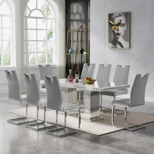 Vista 50 de 5 Piece Black Marble Dining Table Set for 4, Modern Faux Marble Kitchen Dining Room Tables with 4 Leather Chairs Set, 68.11" Luxury Rectangular