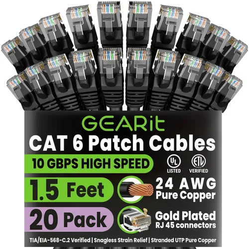 Vista 102 de GEARit Paquete de Cables Ethernet Cat 6 - Paquete de 20 Cables de Conexión Ethernet Cat6 de 1 pie Cable de Conexión de Red RJ45, Conectores