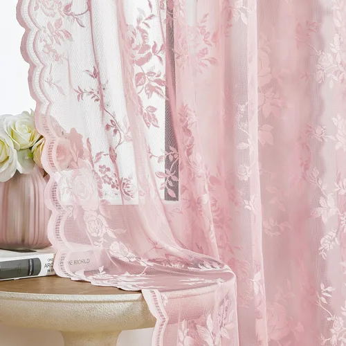 Vista 8 de Cortinas de encaje beige, juego de 2 paneles de cortinas traslúcidas con bolsillo para cortinero, decoración de ventana pequeña, baño, sótano