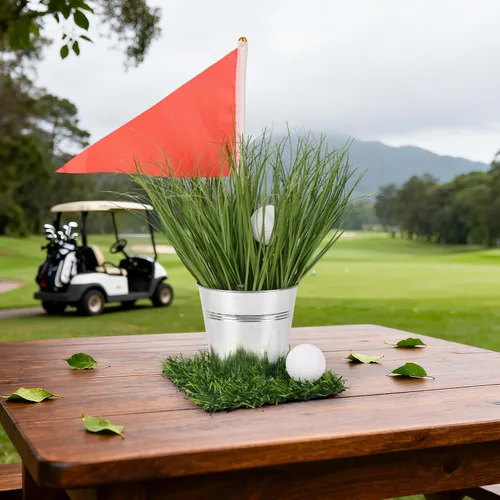 Vista 8 de Juego de 6 centros de mesa de golf para mesas, incluye 6 cubos de hierro, tapetes de césped artificial, banderas rojas, 12 minigolf, 90, césped