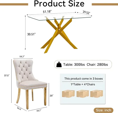 Vista 3 de Juego de mesa de comedor de cristal para cocina de 4, 5 piezas, mesa de comedor rectangular de 51 pulgadas con 4 sillas de cocina de terciopelo